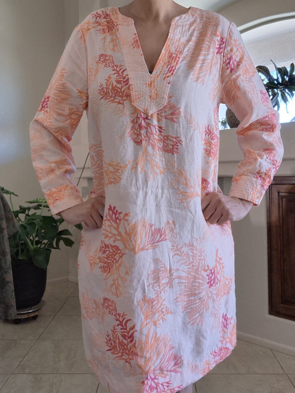 Chico's 100% Linen, Kurta Dress With Pockets Sz 12/14 Large - Picture 3 of 17